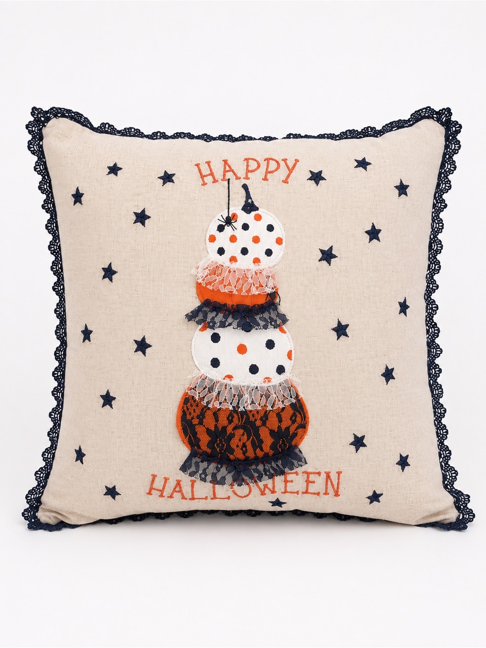 Vintage Halloween Throw Pillow 18x18 | Lace Ruffle Trim Pumpkin Decor